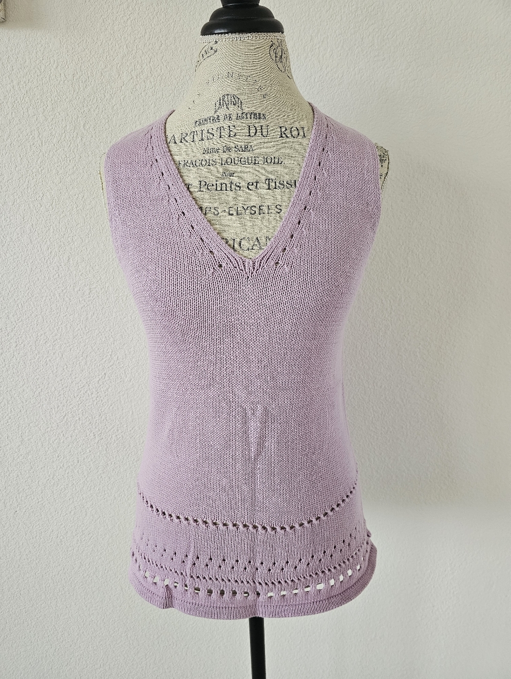 Jeanne Pierre Lavender Pointelle Knit Sweater Vest 100% Cotton Size Small